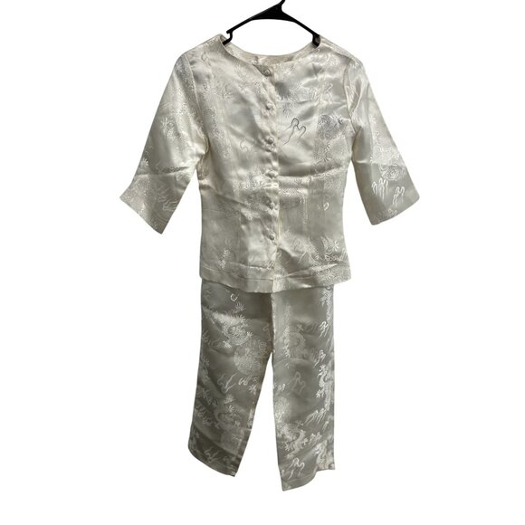 Asian Inspired Two Piece Satin Brocade Set w/ Dragon Motif 3/4 Sleeve Top Ivory - Picture 1 of 11